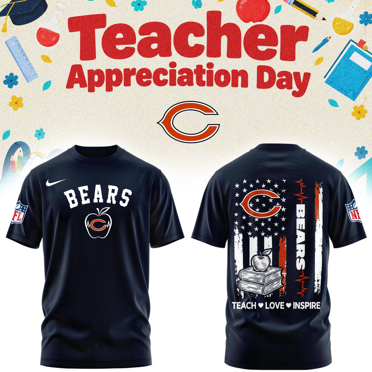 Chicago Bears Merch NFL 2026 X Teacher Appreciation Day T-Shirt Presents For Bears Fans - Foxy23shop