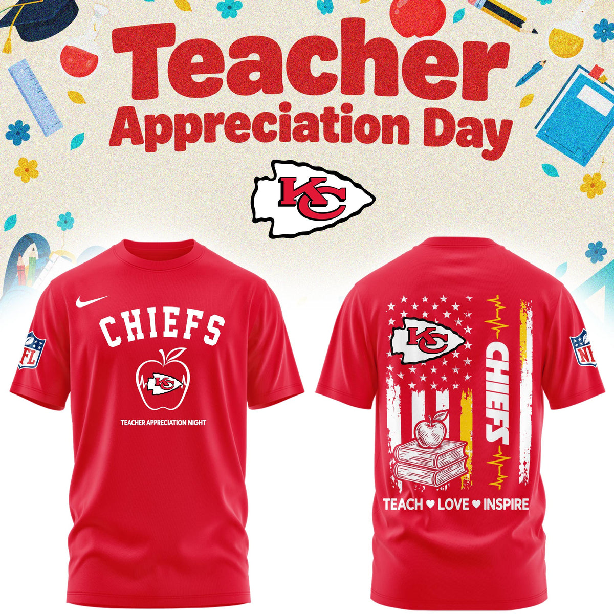 Kansas City Chiefs Merch NFL 2026 X Teacher Appreciation Day T-Shirt Gifts For Chiefs Kingdom - Foxy23shop