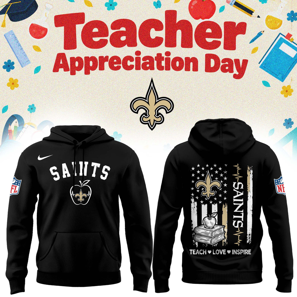 New Orleans Saints Merch NFL 2026 X Teacher Appreciation Day Hoodie Football Fan Gear - Foxy23shop