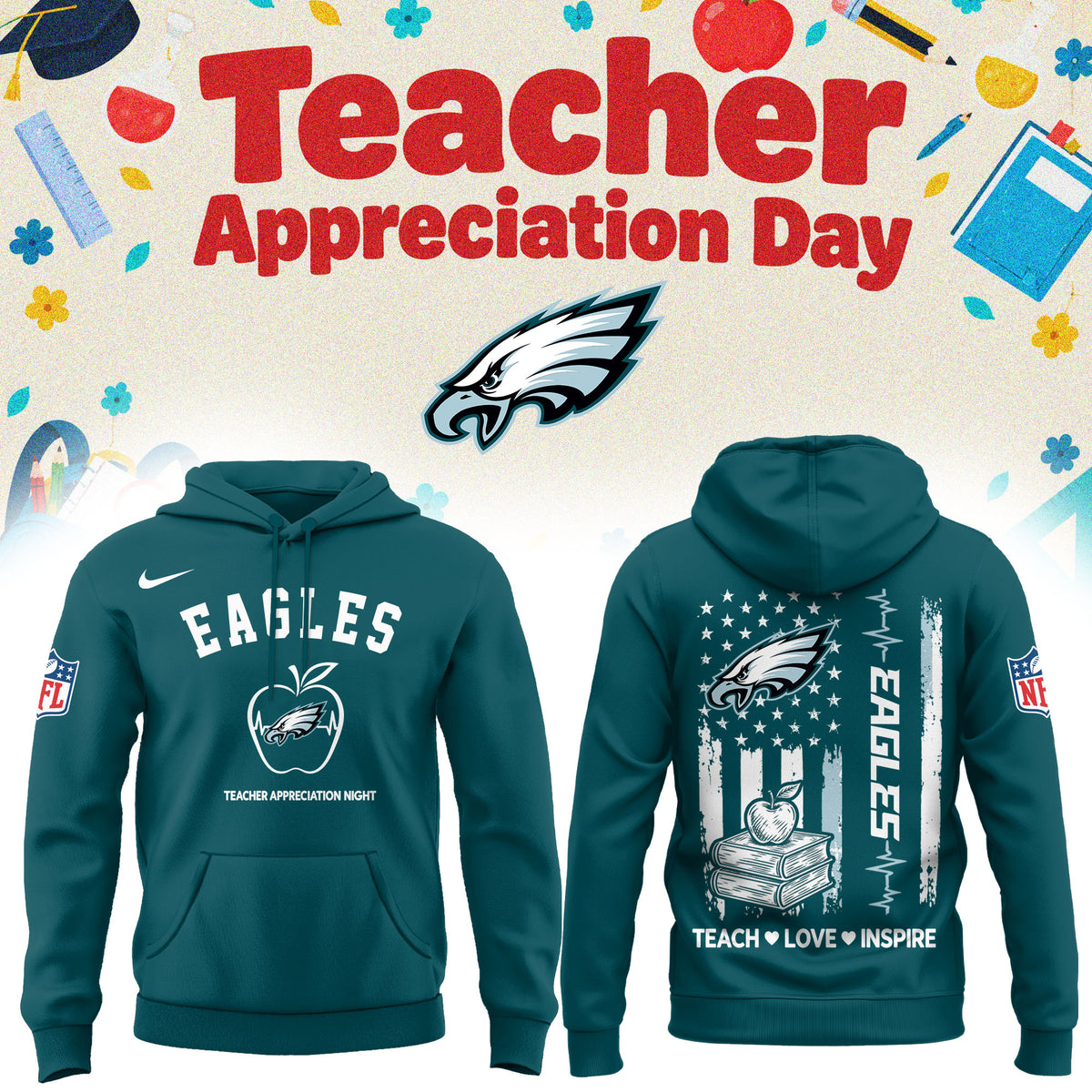 Philadelphia Eagles Merch NFL 2026 X Teacher Appreciation Day Hoodie 2026 NFL Apparel - Foxy23shop