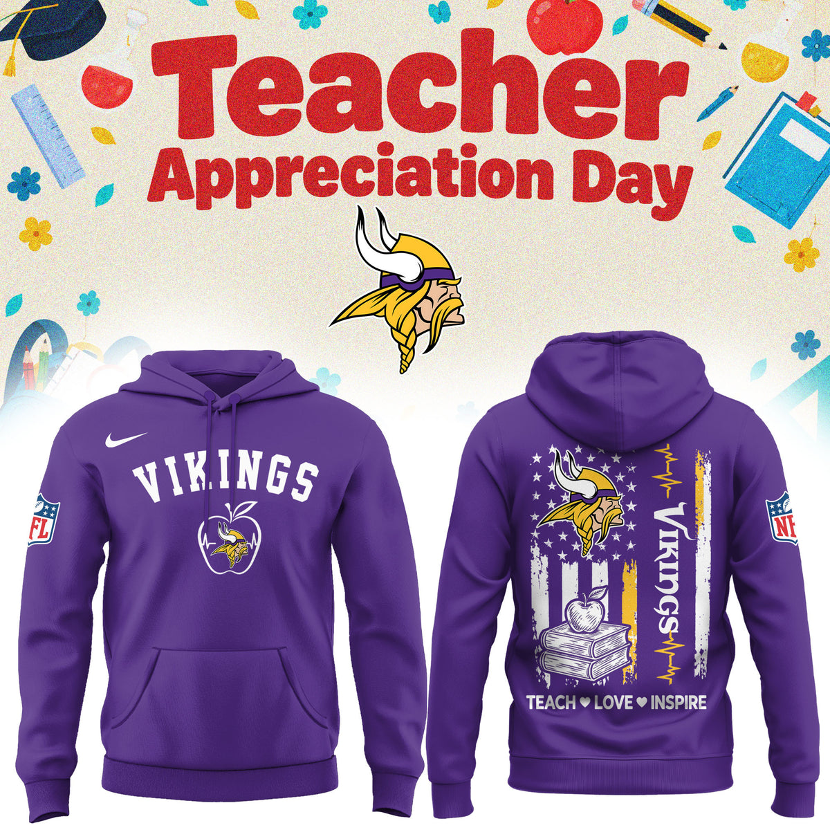 Minnesota Vikings Merch NFL 2026 X Teacher Appreciation Day Hoodie Skol Nation Gifts - Foxy23shop