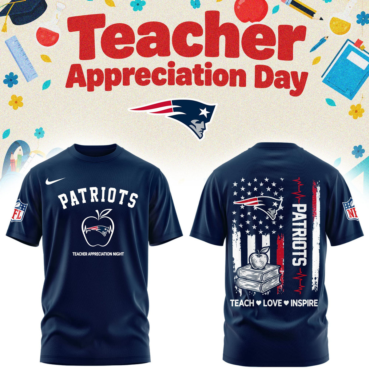 New England Patriots Merch NFL 2026 X Teacher Appreciation Day T-Shirt Pat Nation Gifts - Foxy23shop