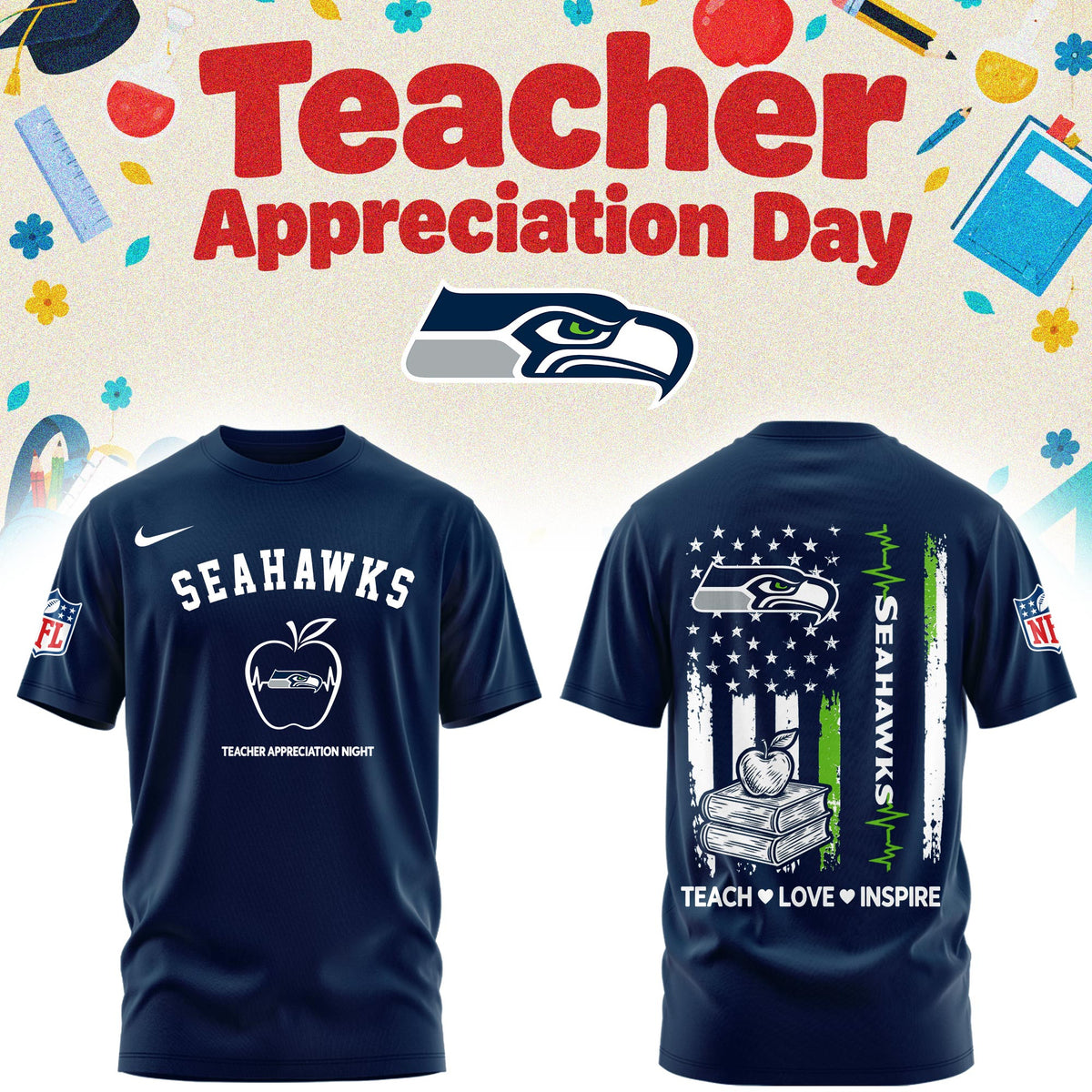 Seattle Seahawks Merch NFL 2026 X Teacher Appreciation Day T-Shirt Gifts For The 12s - Foxy23shop