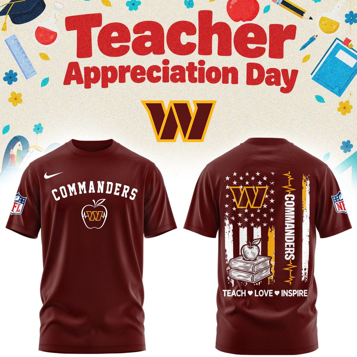 Washington Commanders Merch NFL 2026 X Teacher Appreciation Day T-Shirt 2026 Commanders Apparel - Foxy23shop