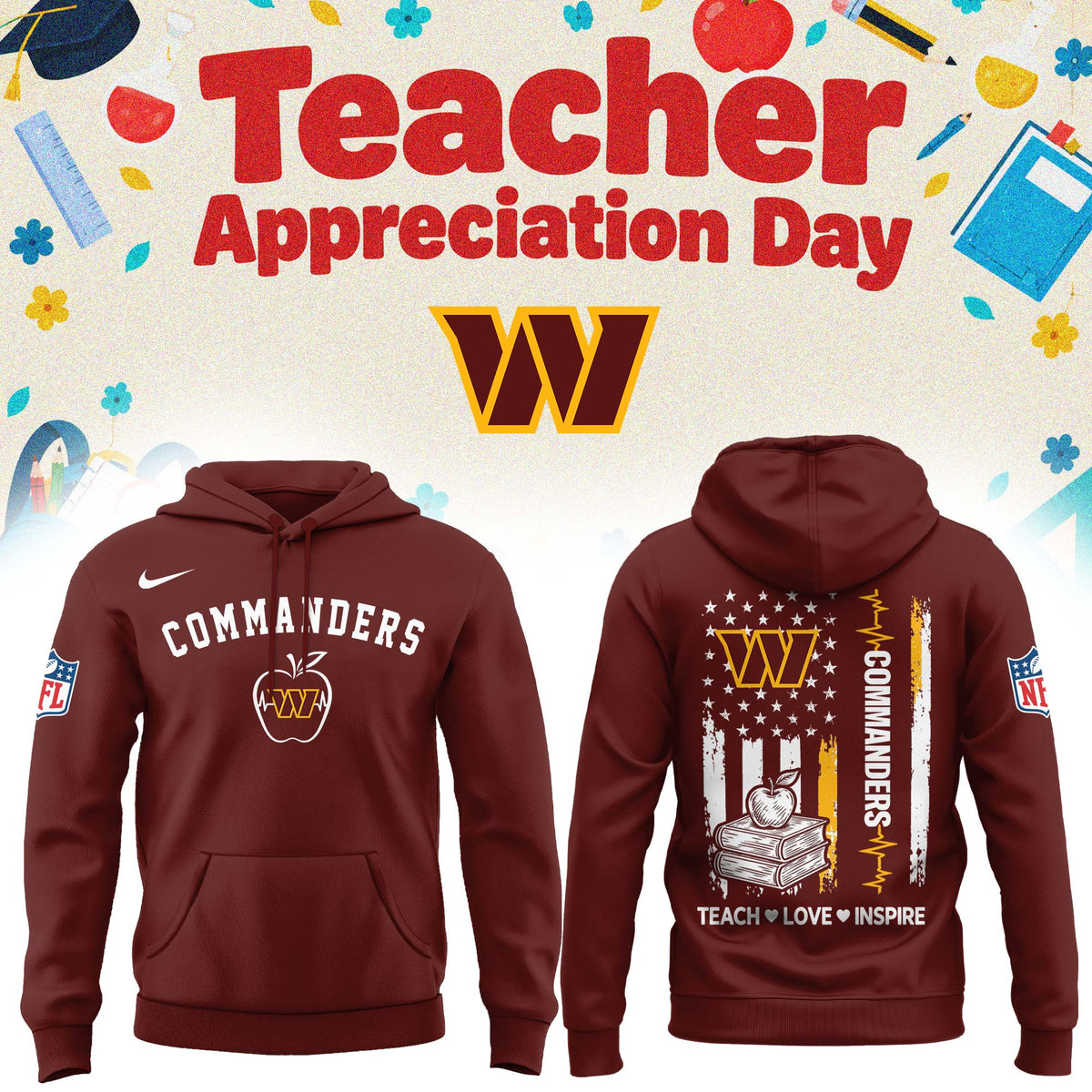 Washington Commanders Merch NFL 2026 X Teacher Appreciation Day Hoodie Football Fan Gear - Foxy23shop