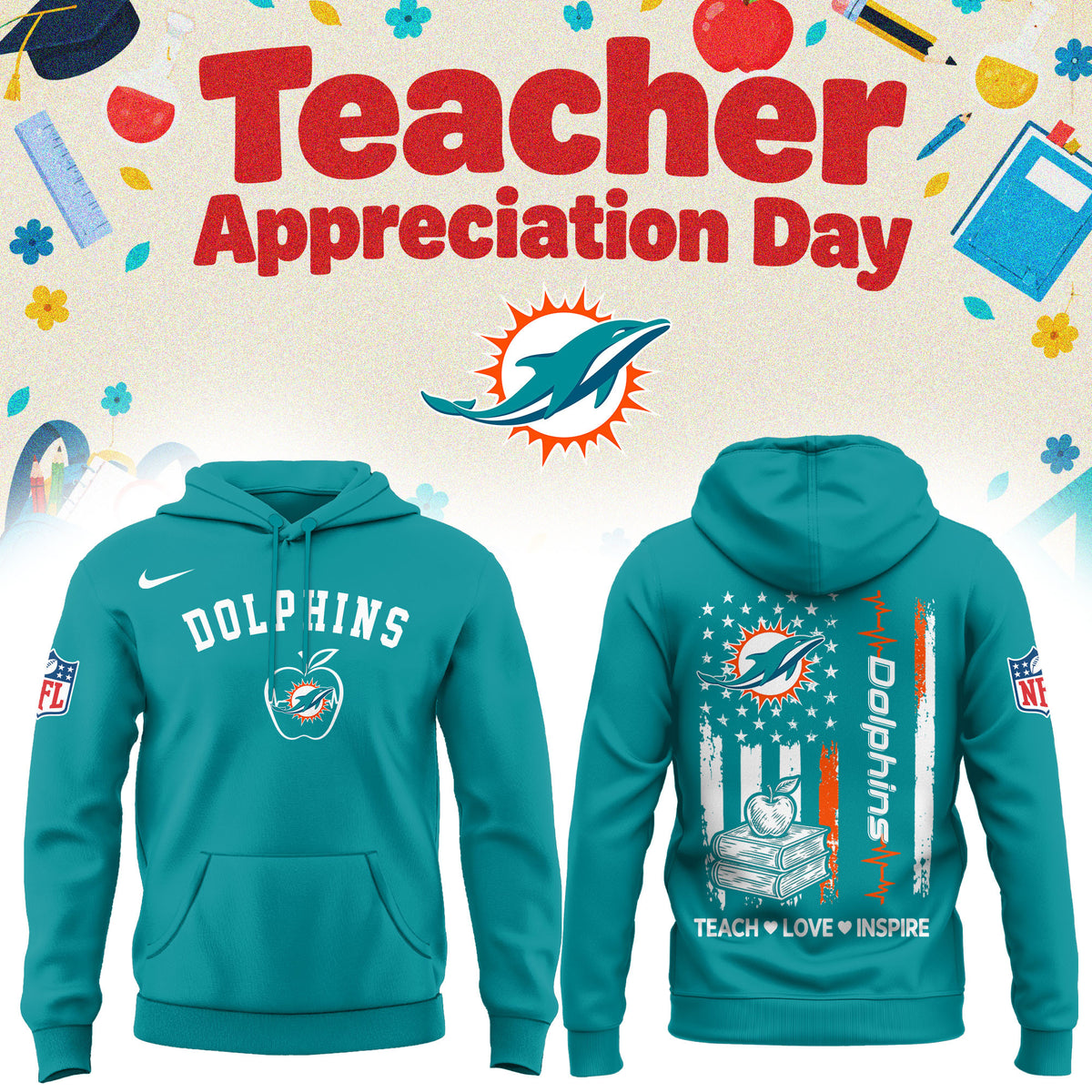 Miami Dolphins Merch NFL 2026 X Teacher Appreciation Day Hoodie Football Lover Gifts - Foxy23shop
