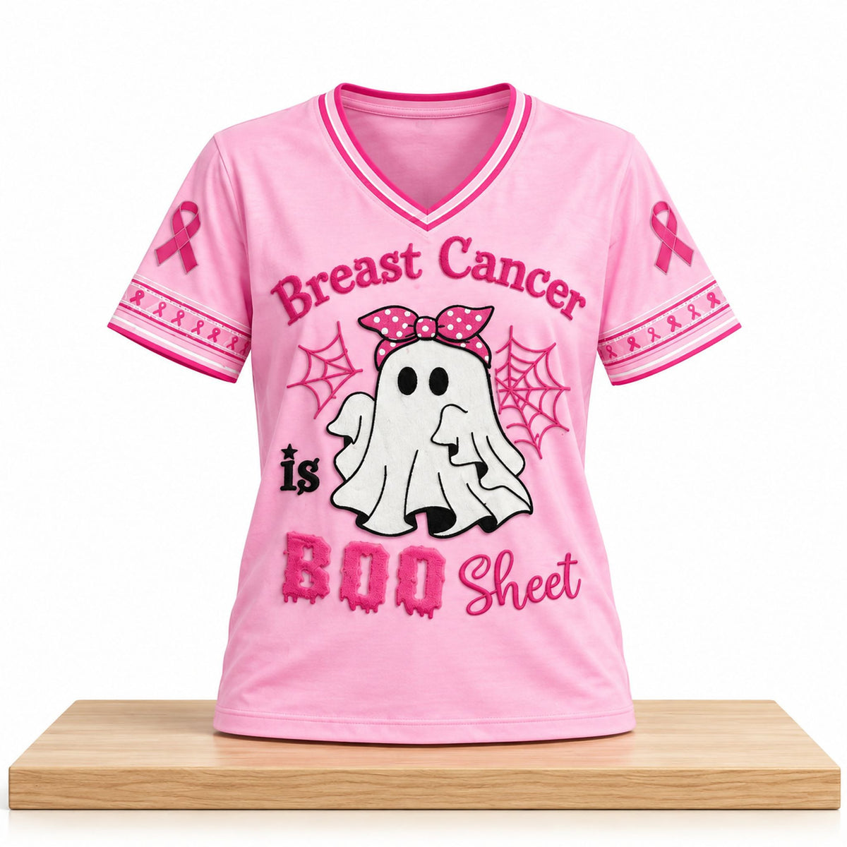 Breast Cancer Is BOO Sheet Halloween 2026 V-Neck Shirt Halloween Clothing Gifts For Sister - Foxy23shop