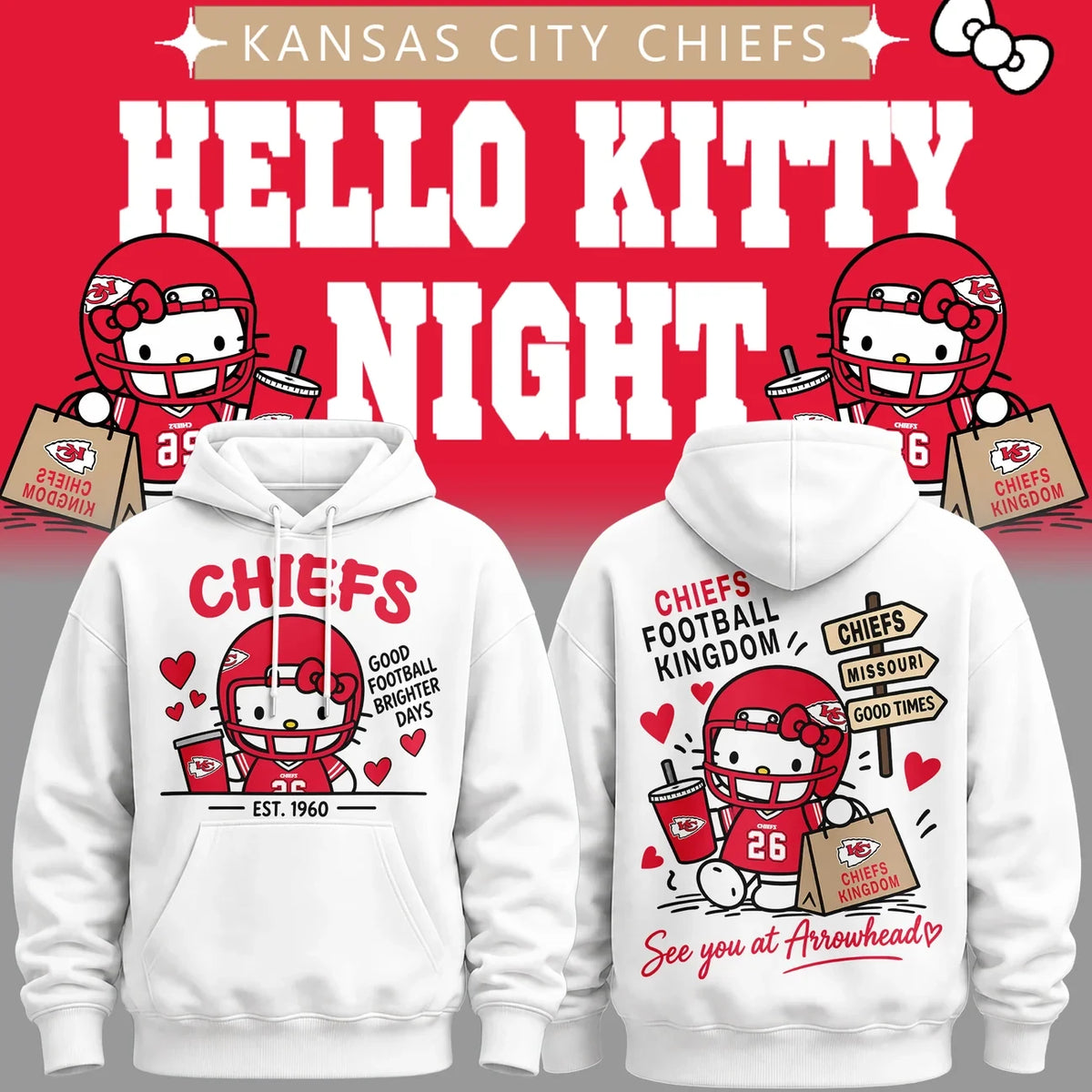 Kansas City Chiefs X Hello Kitty 2026 Hoodie Kansas City Chiefs Football Apparel Fan Gear - Foxy23shop