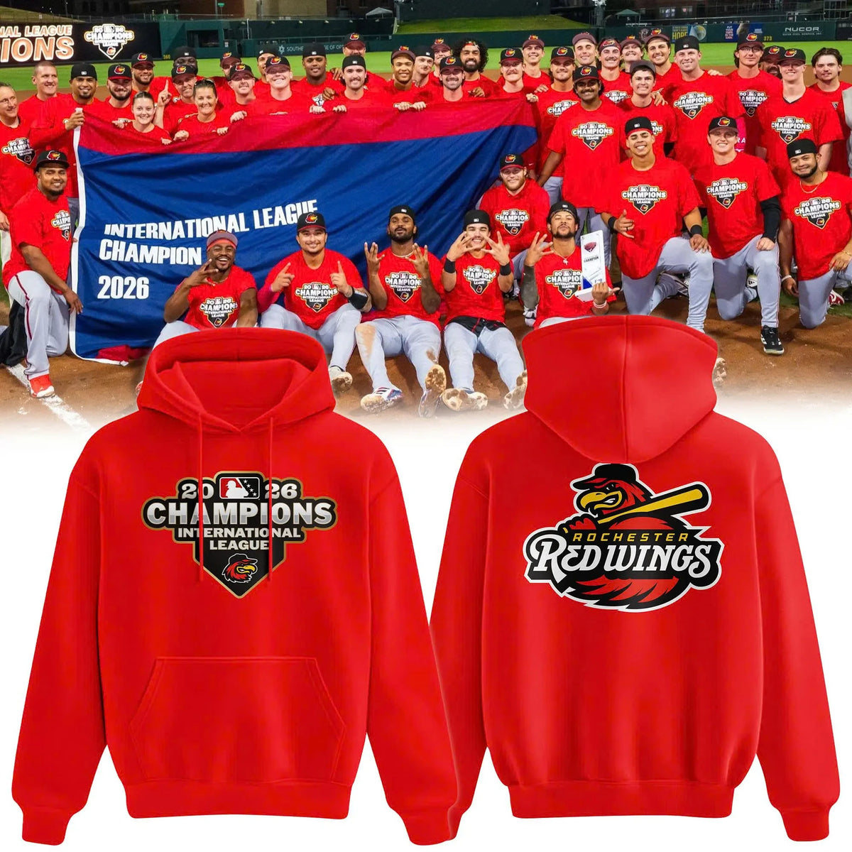 Rochester Red Wings Merch 2026 International League Champions Red Hoodie Fan Gear - Foxy23shop