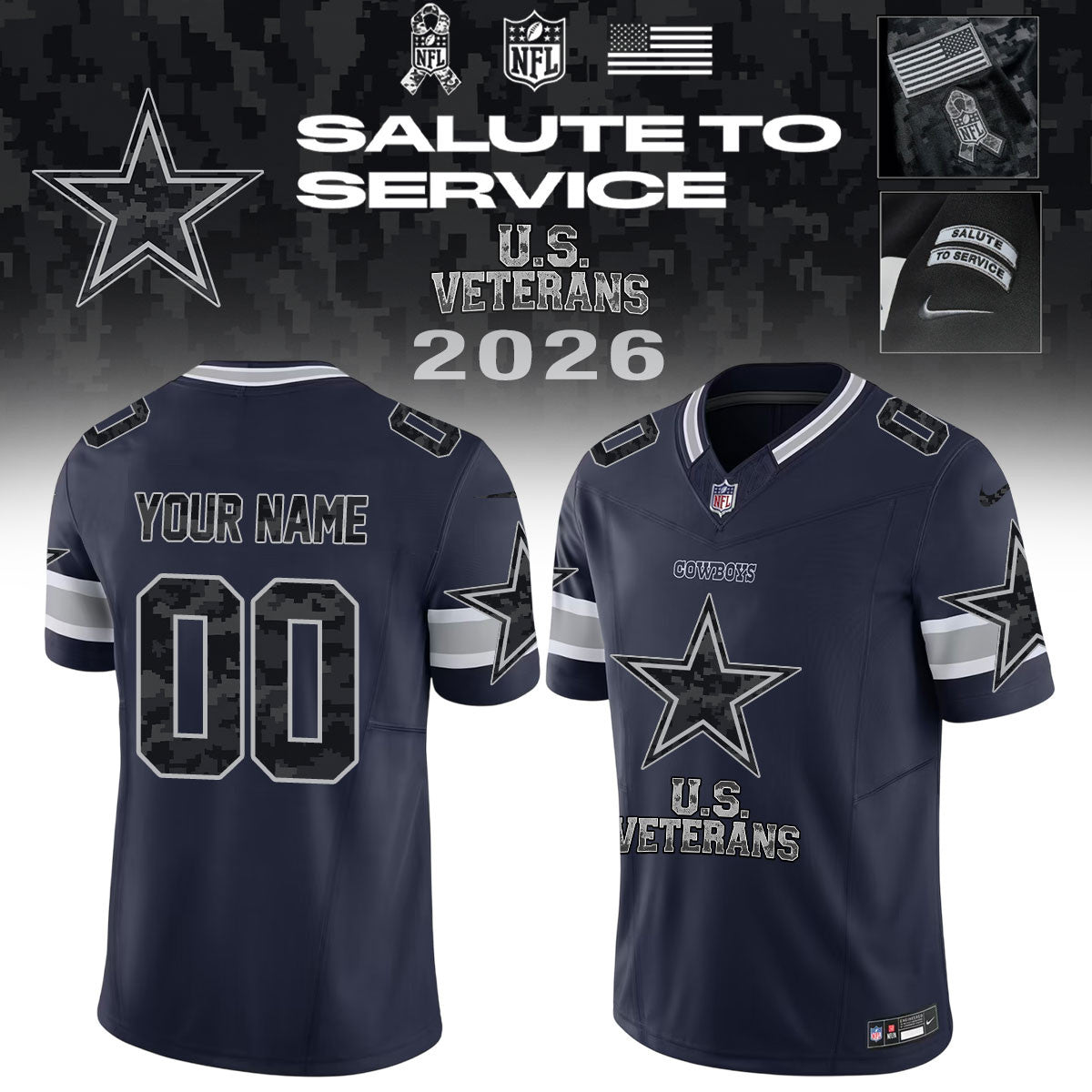 Personalized Dallas Cowboys Merch NFL 2026 Salute To Service Jersey Presents For Fans - Foxy23shop