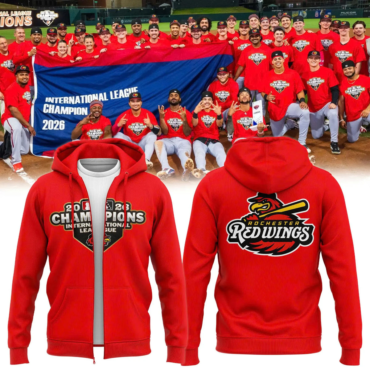 Rochester Red Wings Merch 2026 International League Champions Red Zip Hoodie Baseball Lover Gifts - Foxy23shop