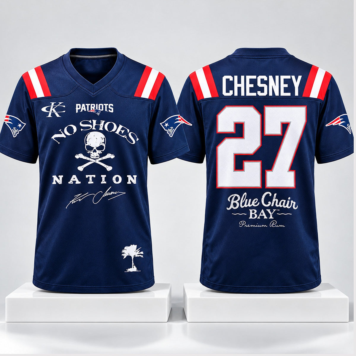 New England Patriots Kenny Chesney No Shoes Nation Blue Chair Bay 2027 Jersey Fan Gear - Foxy23shop