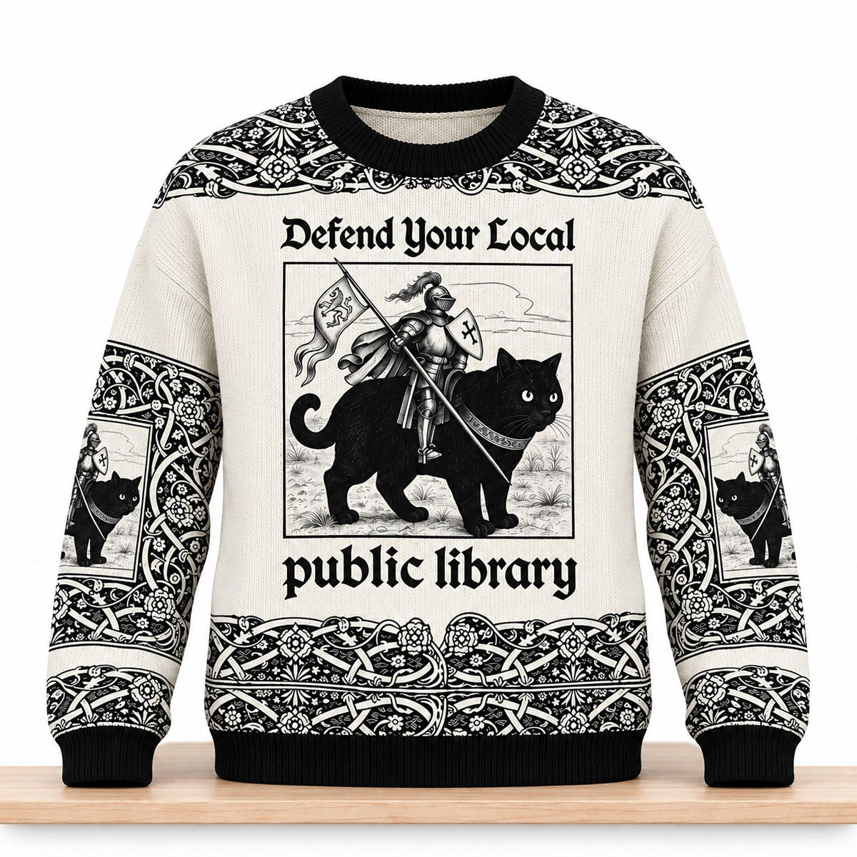 Defend Your Local Public Library Knight Riding Black Cat Christmas 2026 Ugly Sweater Xmas Clothing - Foxy23shop