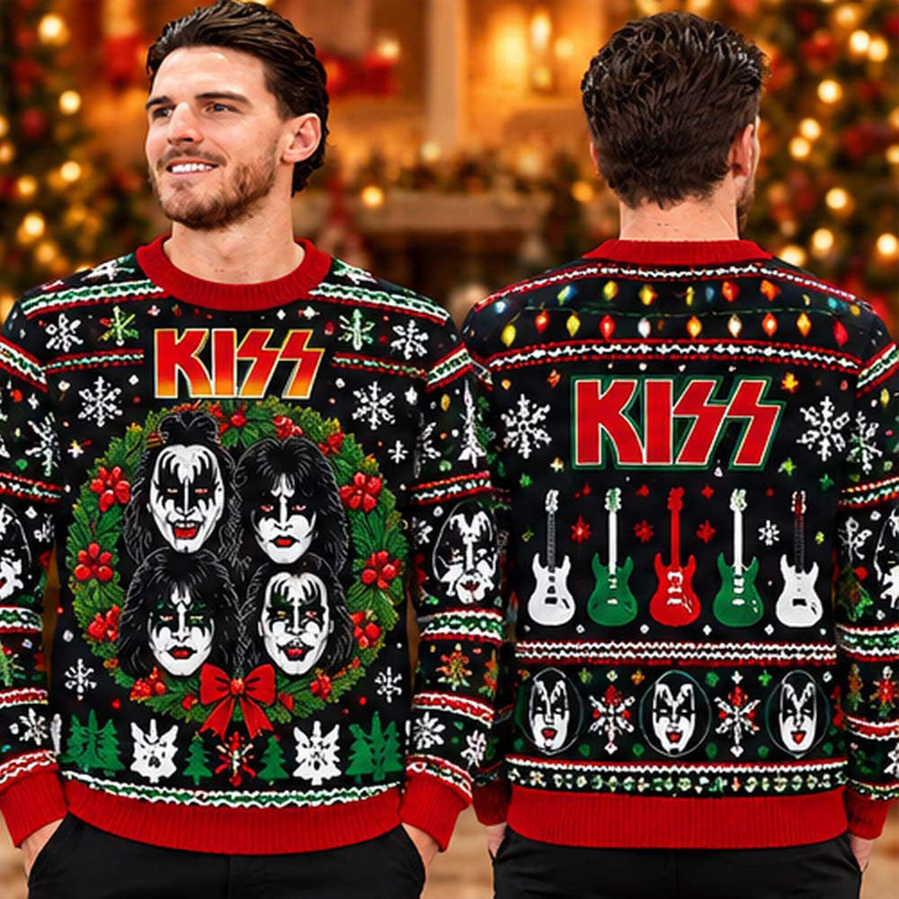 Kiss Band Holiday Guitar Wreath Ugly Christmas Sweater Kiss Christmas Apparel Music Lover Gift - Foxy23shop