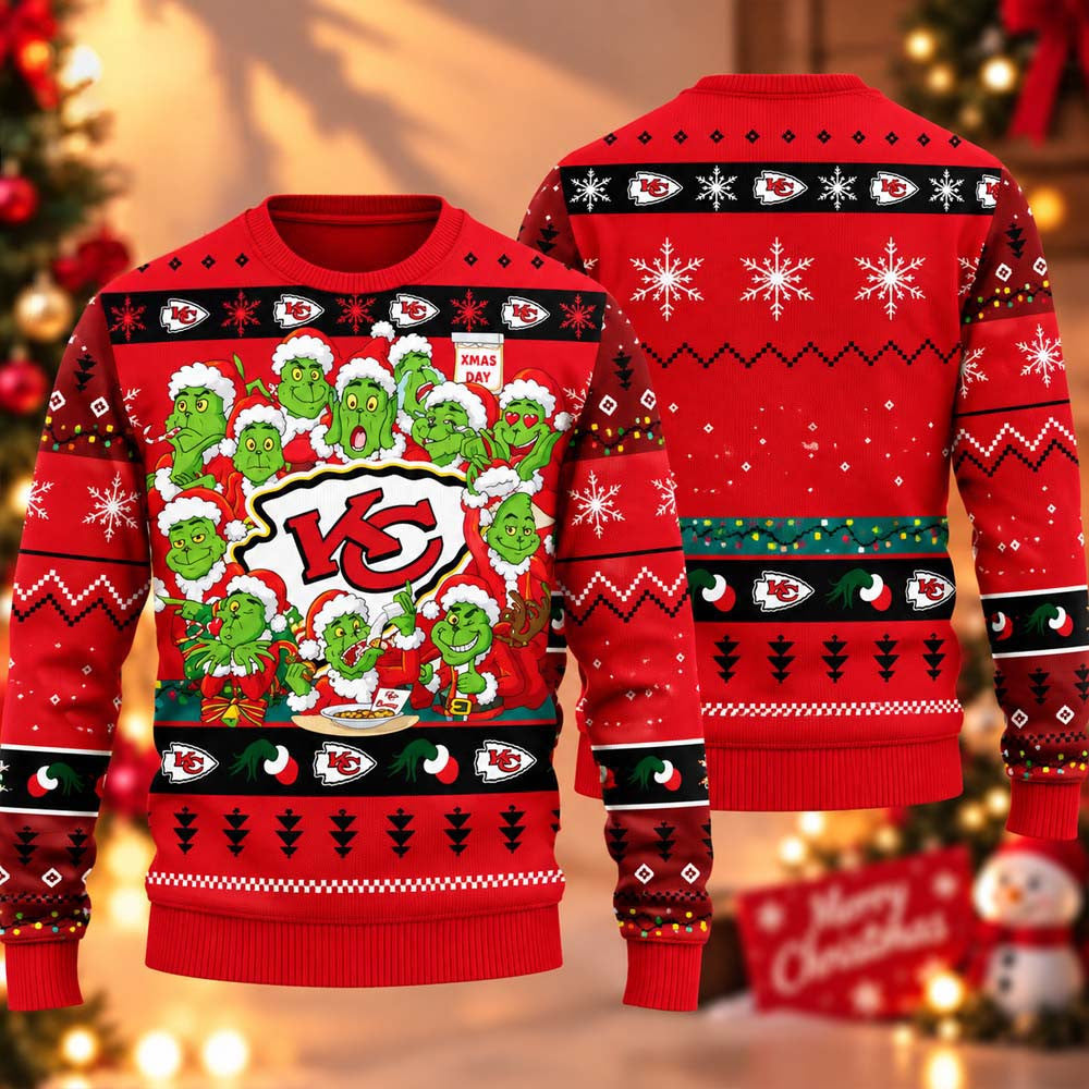 Kansas City Chiefs 12 Grinch Xmas Day 2026 Ugly Christmas Sweater Kansas City Chiefs Merch Fan Gear - Foxy23shop