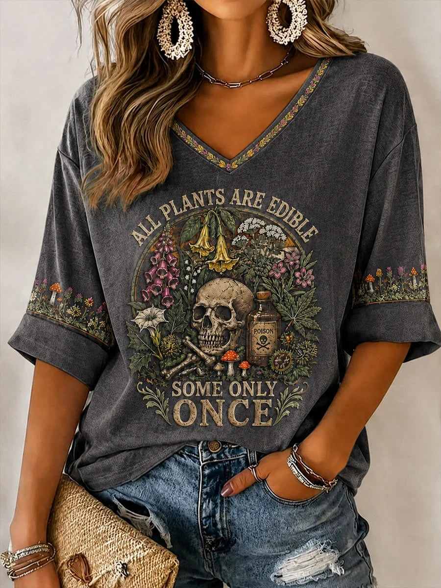 All Plants Are Edible Some Only Once Halloween Floral V-Neck Long Sleeve Shirt Halloween Merch - Foxy23shop