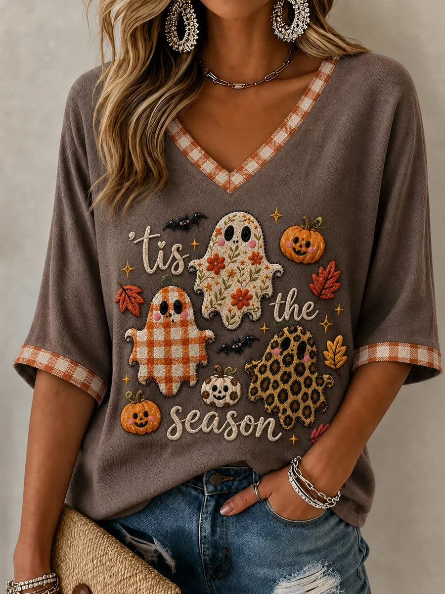 Cozy Ghost Fall Tis The Season V-Neck Long Sleeve Shirt Trick R Treat Merch - Foxy23shop