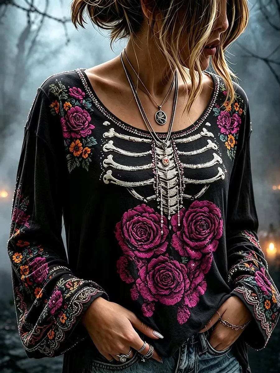 Gothic Skull Rose Floral Long Sleeve Shirt Scary Halloween Costume Gifts For Wife - Foxy23shop