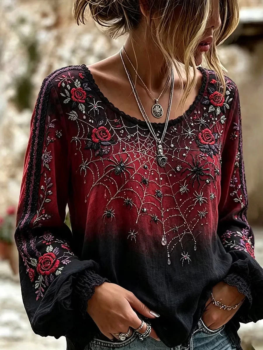 Gothic Style Floral Spider Web Long Sleeve Shirt Scary Halloween Costume Presents For Sister - Foxy23shop