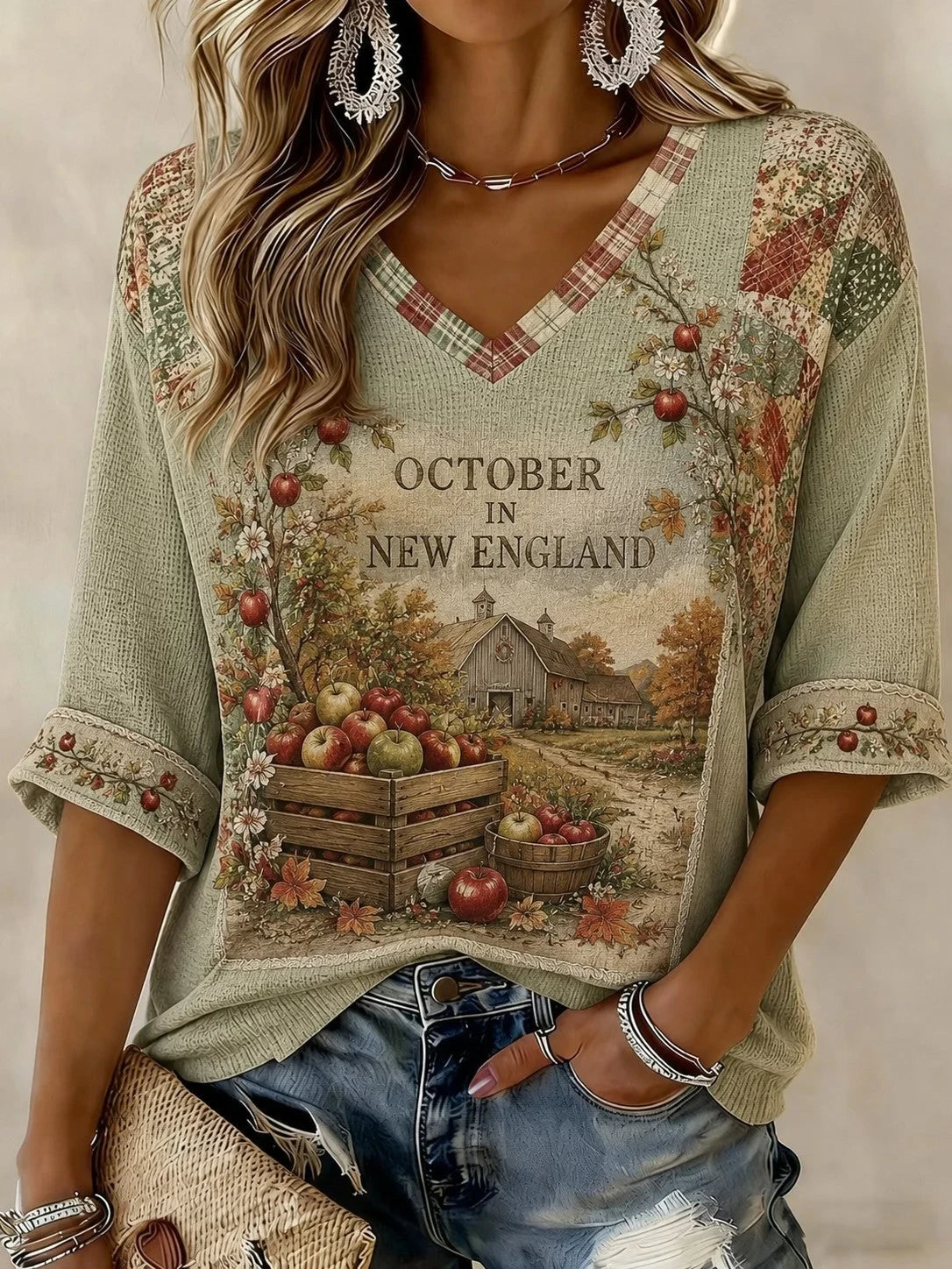 October In New England Vintage Fall V-Neck Long Sleeve Shirt Halloween Merch Gifts For Wife - Foxy23shop