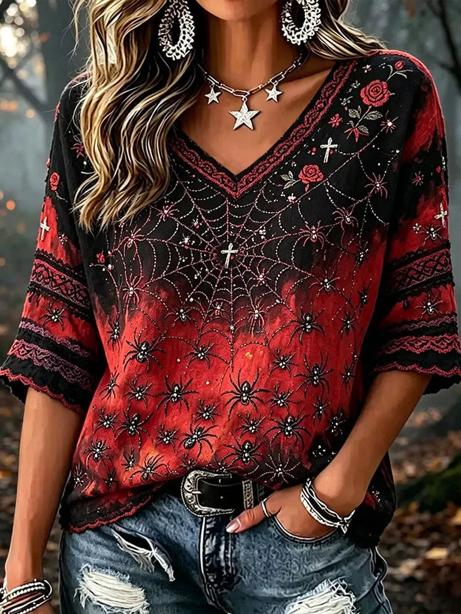Spider Web Gothic Style Floral V-Neck Long Sleeve Shirt Halloween Apparel Gifts For Her - Foxy23shop