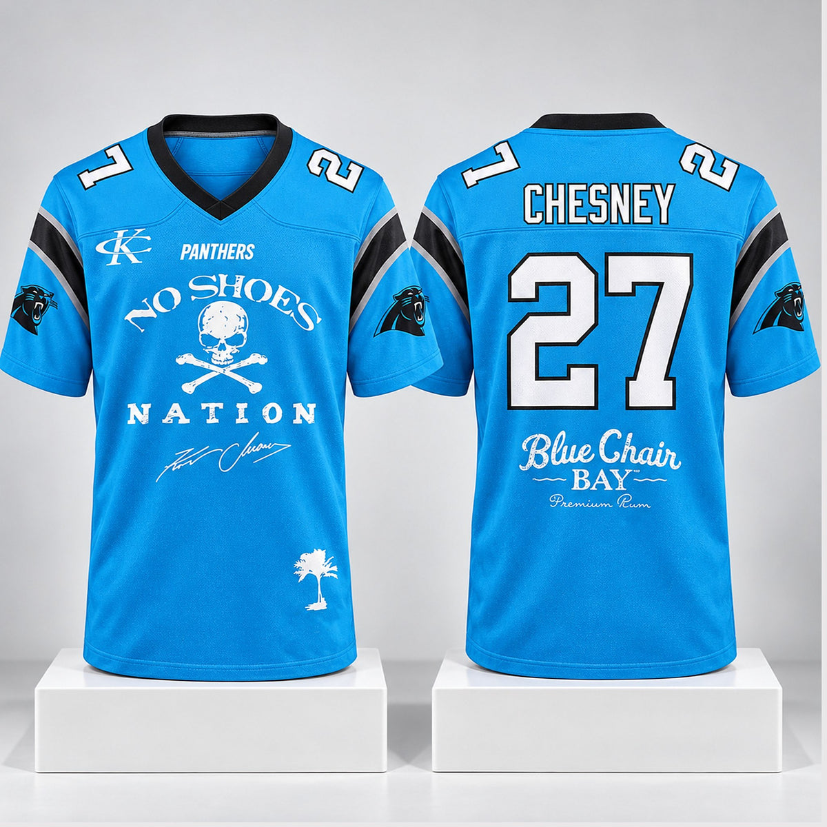 Carolina Panthers x Kenny Chesney Merch No Shoes Nation Blue Chair Bay 2027 Jersey Fan Gear - Foxy23shop