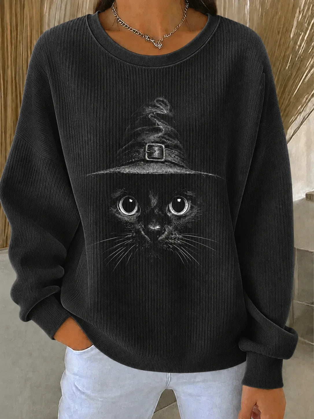 Halloween Witchy Cat Black Sweatshirt Cat Halloween Costume Presents For Her - Foxy23shop
