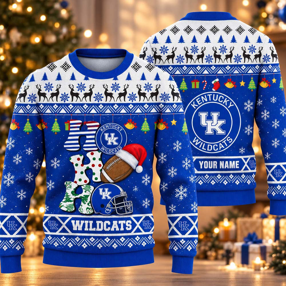Custom NCAA Kentucky Wildcats HO HO HO Ugly Christmas Sweater Kentucky Wildcats Clothing Fan Gifts - Foxy23shop