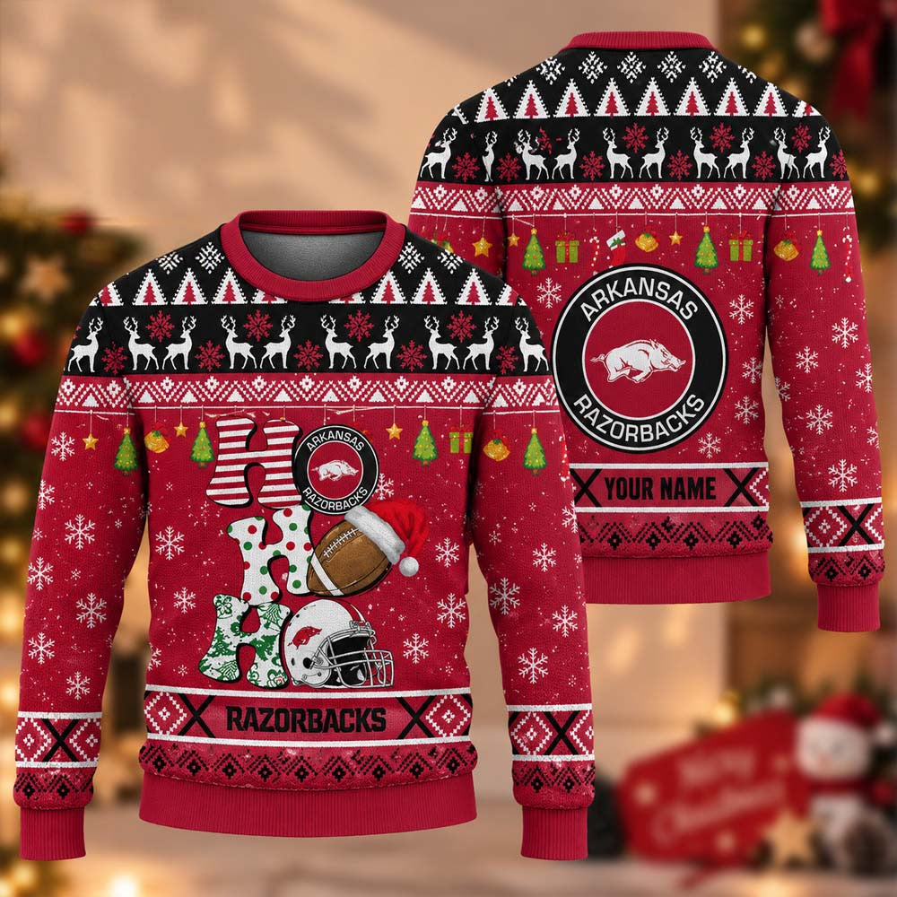 Custom NCAA Arkansas Razorbacks HO HO HO Ugly Christmas Sweater Xmas Gifts For Football Lover - Foxy23shop