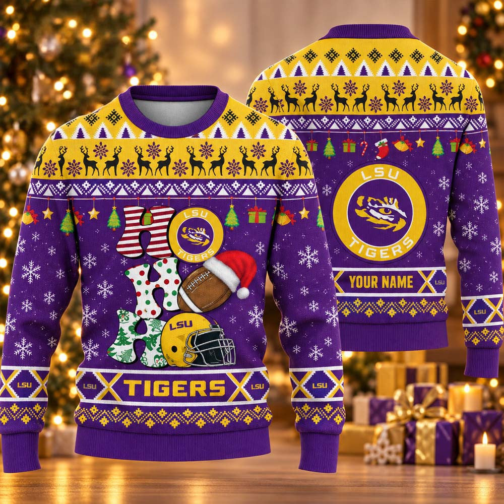 Custom NCAA LSU Tigers HO HO HO Ugly Christmas Sweater LSU Tigers Merch Football Fan Gear - Foxy23shop