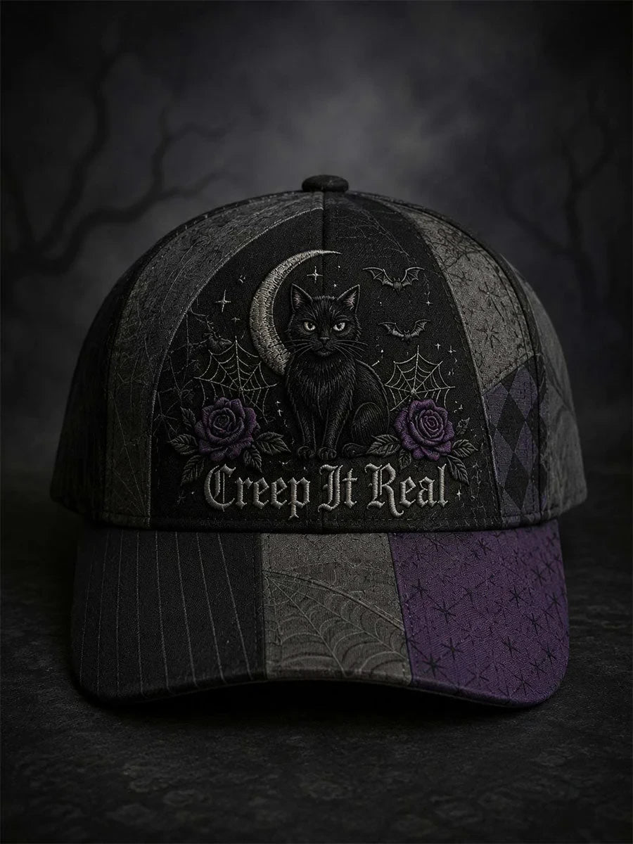Black Cat Creep It Real Dark Gothic Hat Halloween Baseball Cap Presents For Cat Lover - Foxy23shop