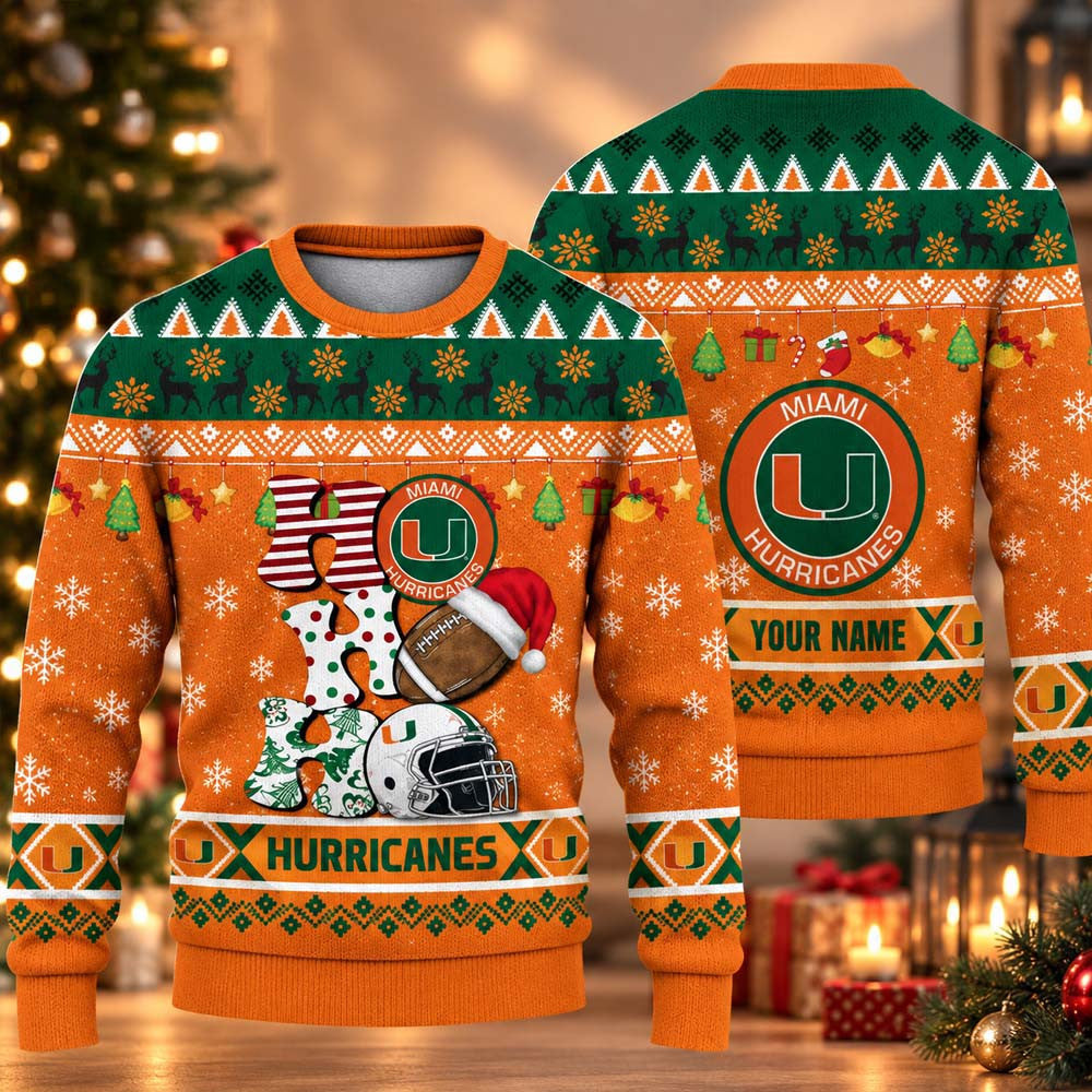 Custom NCAA Miami Hurricanes HO HO HO Ugly Christmas Sweater Miami Hurricanes Merch Xmas Gift - Foxy23shop