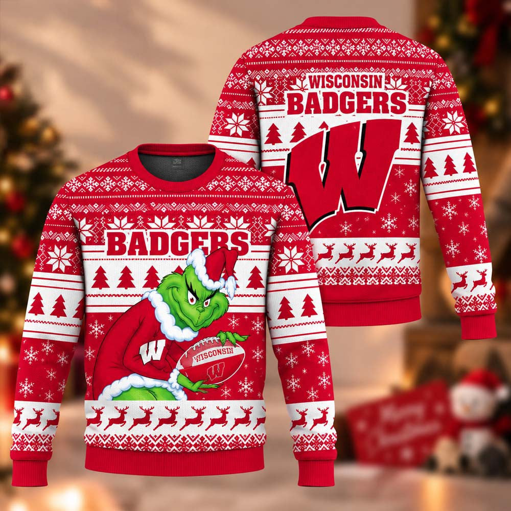 NCAA Wisconsin Badgers Grinch Ugly Christmas Sweater Wisconsin Badgers Merch Gift For Fans - Foxy23shop