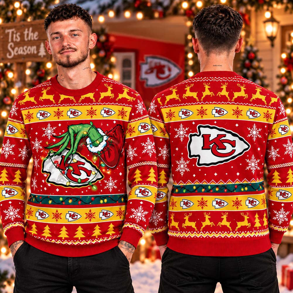 NFL 2026 Kansas City Chiefs The Hand Of Grinch Ugly Christmas Sweater Xmas Gifts For Chiefs Kingdom - Foxy23shop