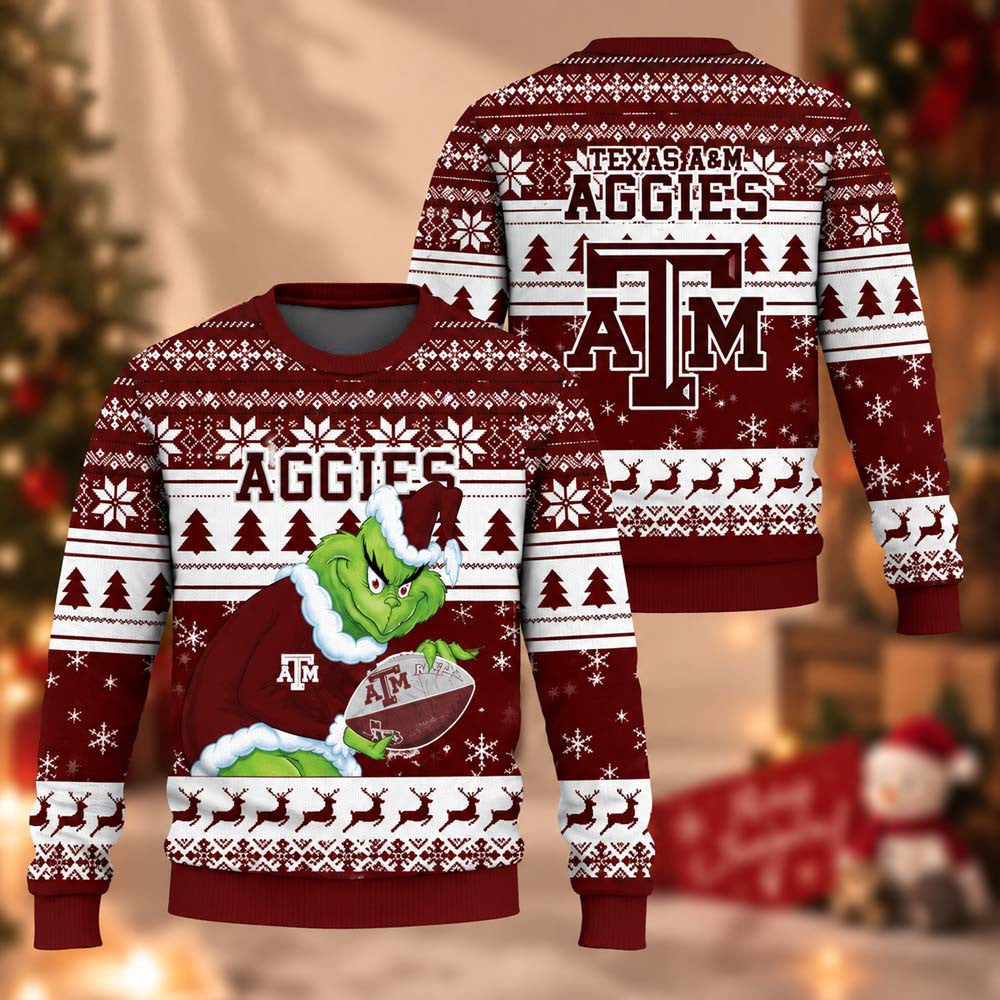 NCAA Texas A M Aggies Grinch Ugly Christmas Sweater Xmas Gifts For Texas A M Aggies Fans - Foxy23shop