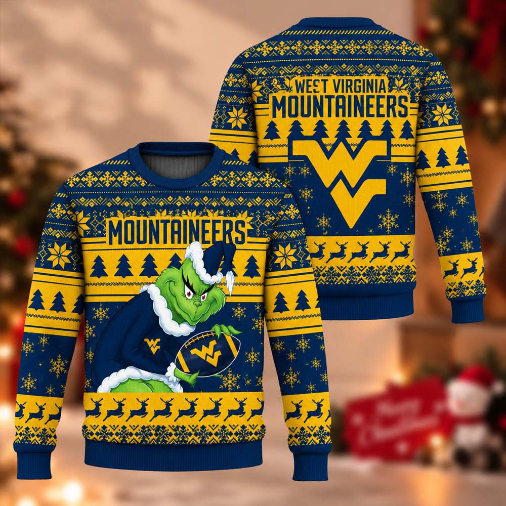 NCAA West Virginia Mountaineers Grinch Ugly Christmas Sweater Xmas Gifts For Football Lovers - Foxy23shop