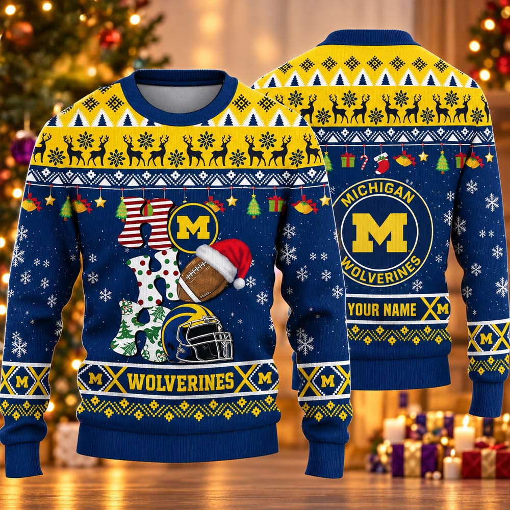 NCAA Michigan Wolverines HO HO HO Ugly Christmas Sweater Michigan Wolverines Merch Fan Gear - Foxy23shop
