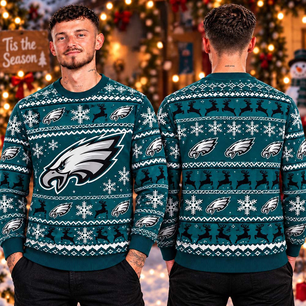 Philadelphia Eagles NFL Big Logo Knit Ugly Christmas Sweater Philadelphia Eagles Merch Xmas Gift For Fans - Foxy23shop