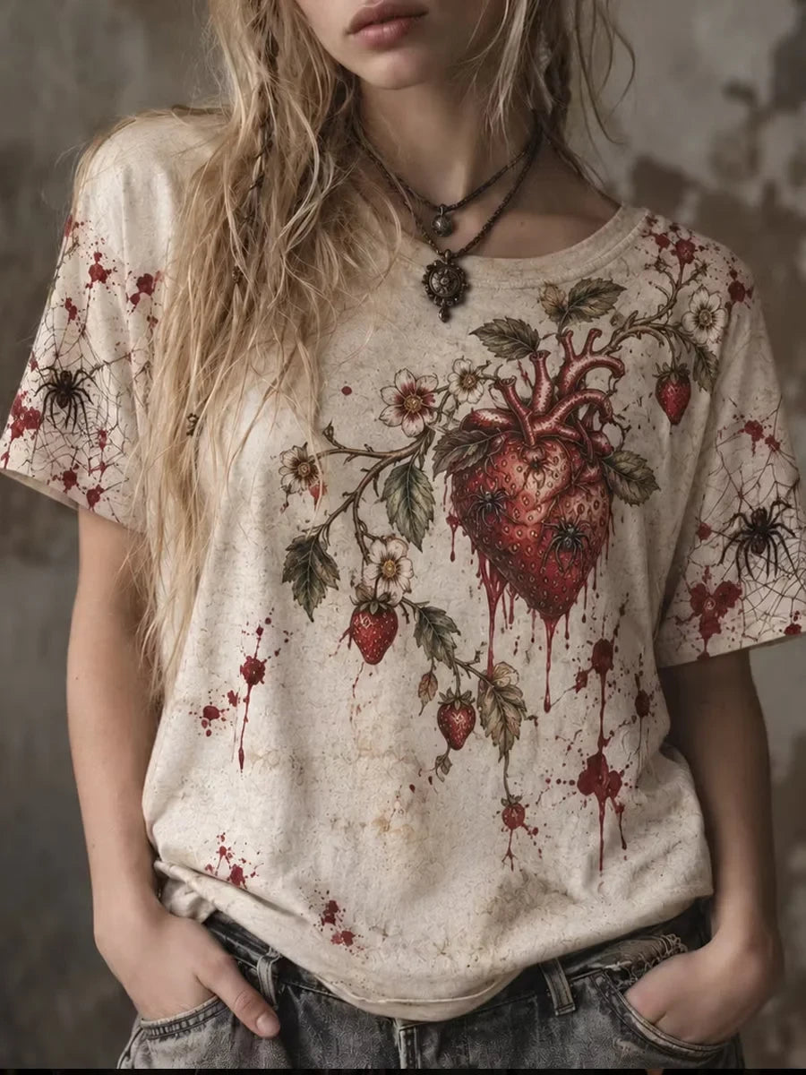 Gothic Halloween Strawberry Heart Pattern T-Shirt Scary Halloween Clothing Gifts For Sister - Foxy23shop