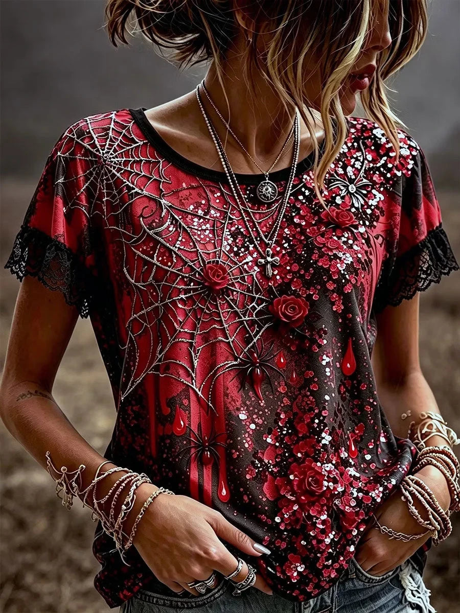 Gothic Style Floral Bloody T-Shirt Scary Halloween Costume Presents For Sister - Foxy23shop