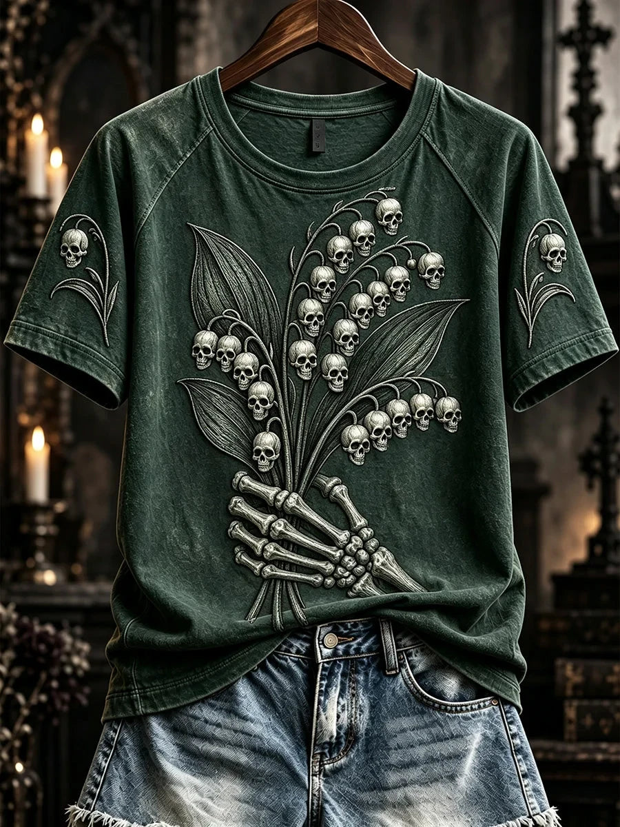 Vintage Gothic Skull Lily Of The Valley T-Shirt Halloween Merch Gifts For Her - Foxy23shop