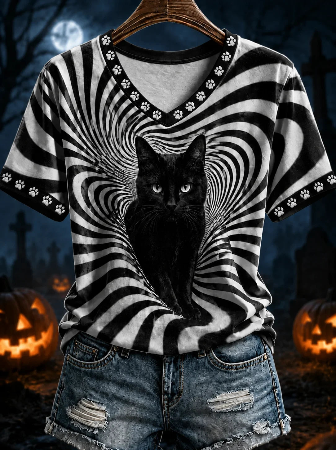 Black Cat Stripes Halloween V-Neck Shirt Cat Halloween Costume Gifts For Her - Foxy23shop