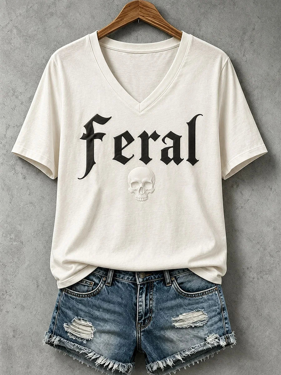 Feral Skull Halloween V-Neck Shirt Trick R Treat Merchandise Gifts For Sister - Foxy23shop