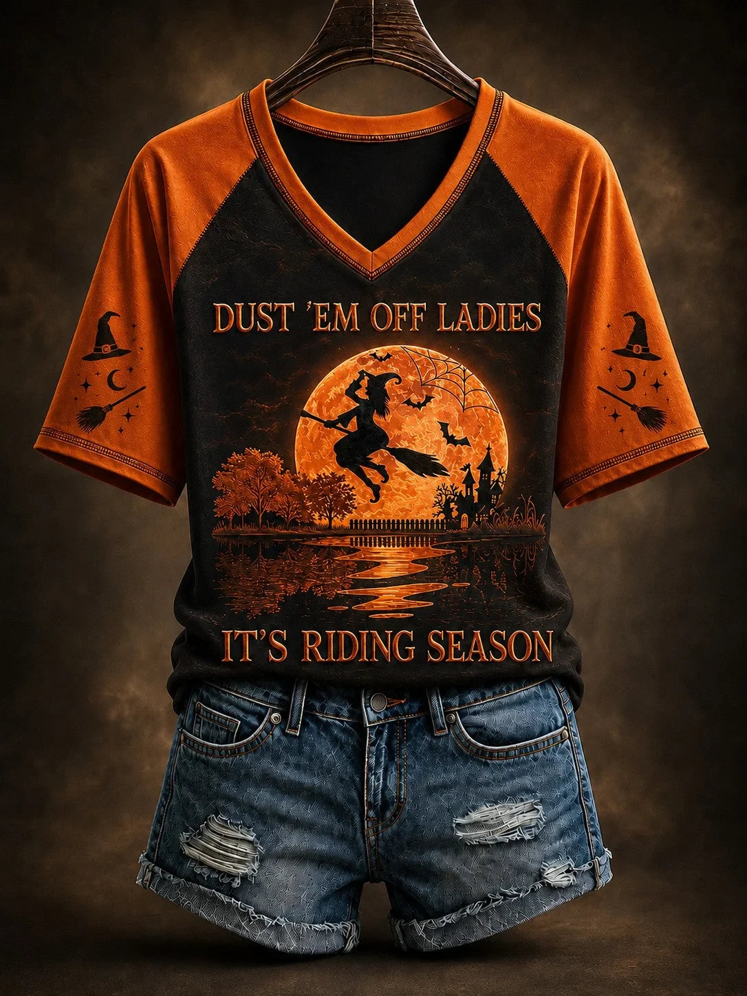 Halloween Dust Em Off Ladies Witch V-Neck Shirt Halloween Clothing Gift Idea For Girlfriend - Foxy23shop