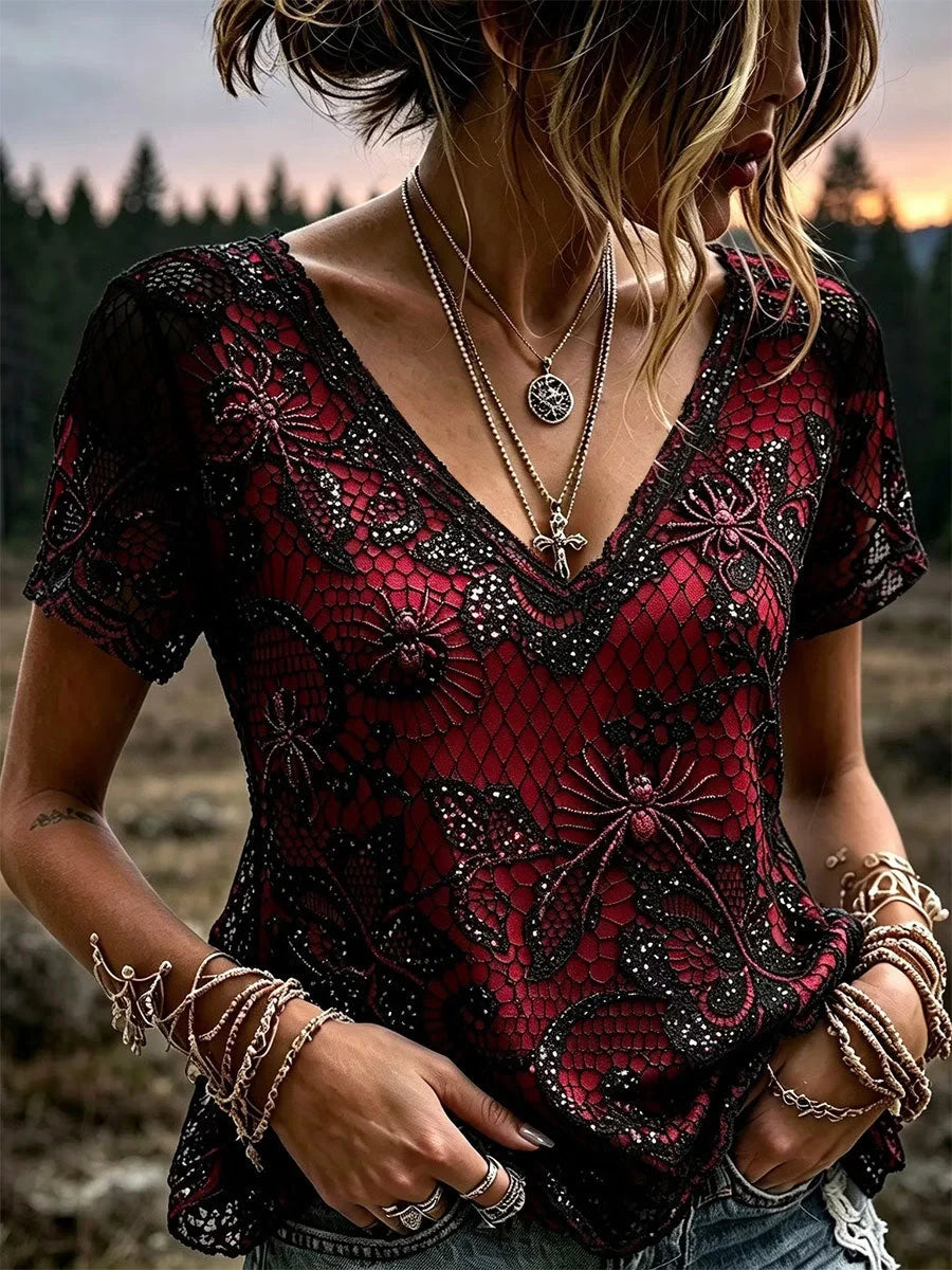 Spider Web Gothic Style Floral V-Neck Shirt Scary Halloween Clothing BFF Gifts - Foxy23shop