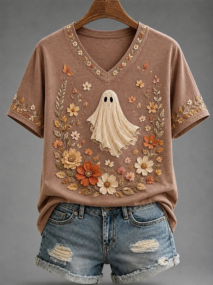 Spooky Season Cute Floral Ghost Halloween V-Neck Shirt Trick R Treat Merch Girlfriend Gifts Ideas - Foxy23shop