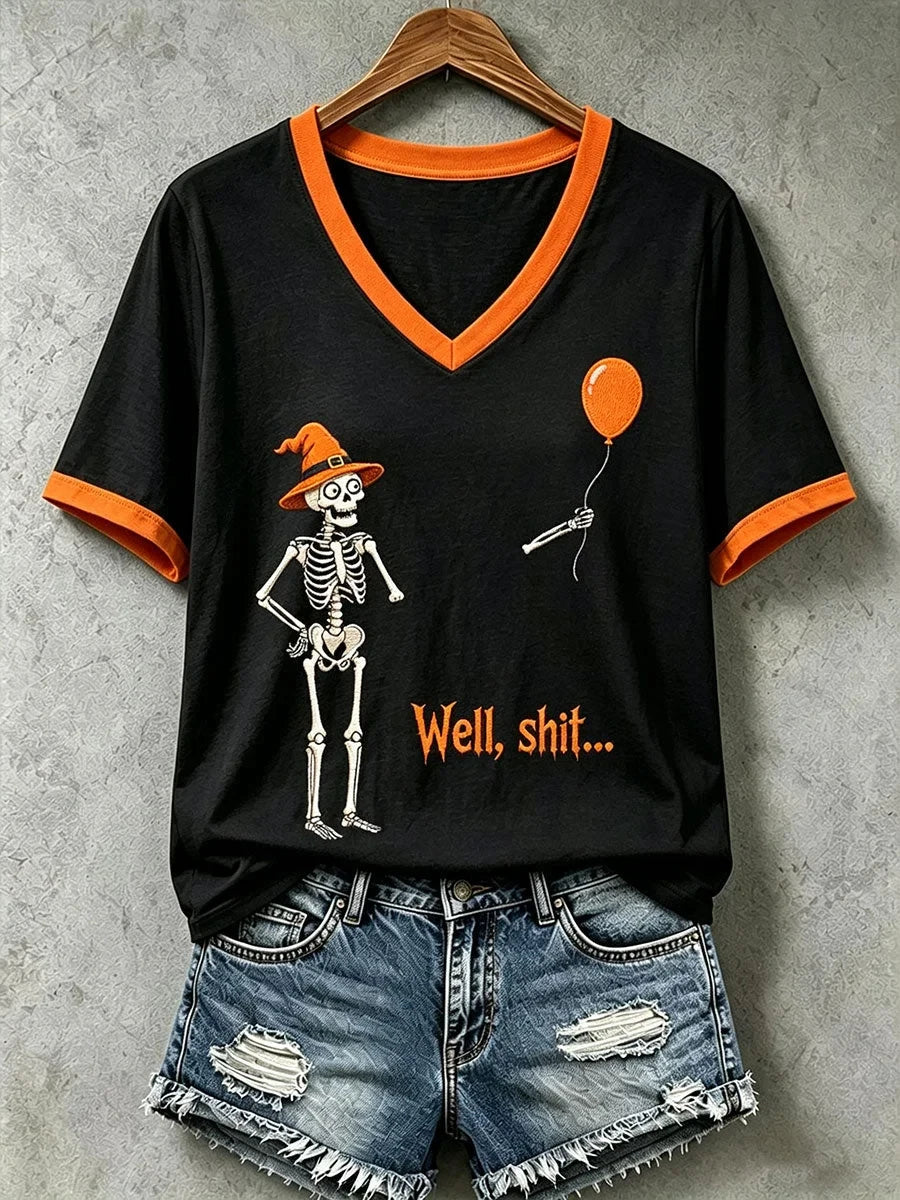 Well Shit Skull V-Neck Shirt Trick R Treat Merchandise Halloween Gifts For Besties - Foxy23shop