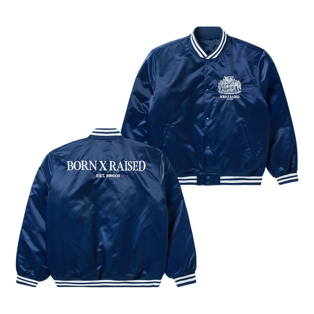 Born x Raised Merch Crest Satin Stadium Jacket Navy Gifts For The Sport Enthusiast - Foxy23shop
