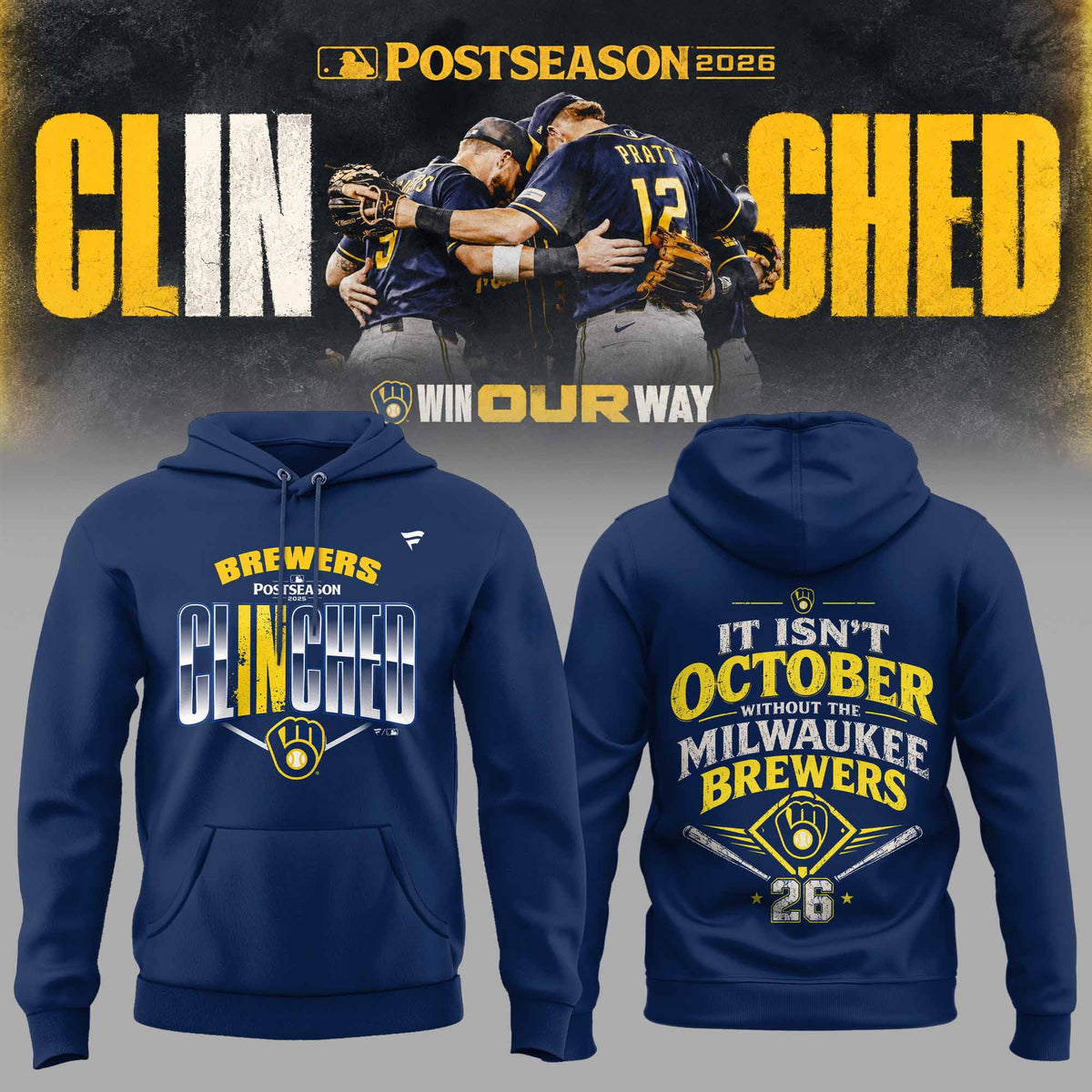 Milwaukee Brewers Merch 2026 Clinched Win Our Way Hoodie Basketball Fan Gift Ideas - Foxy23shop
