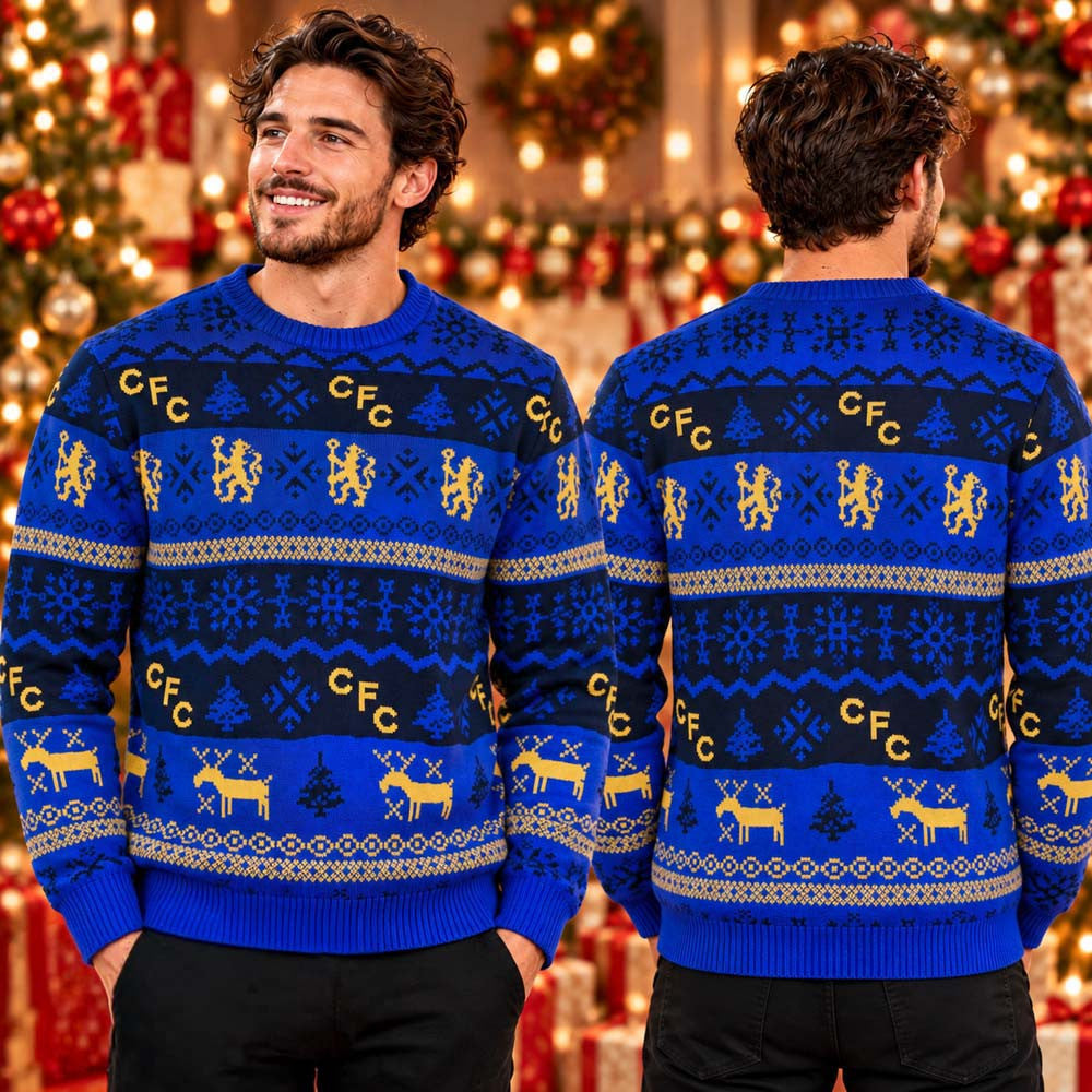 Chelsea FC Fairisle Gold Reindeer Christmas Ugly Sweater Chelsea FC Clothing Gifts For Fans - Foxy23shop